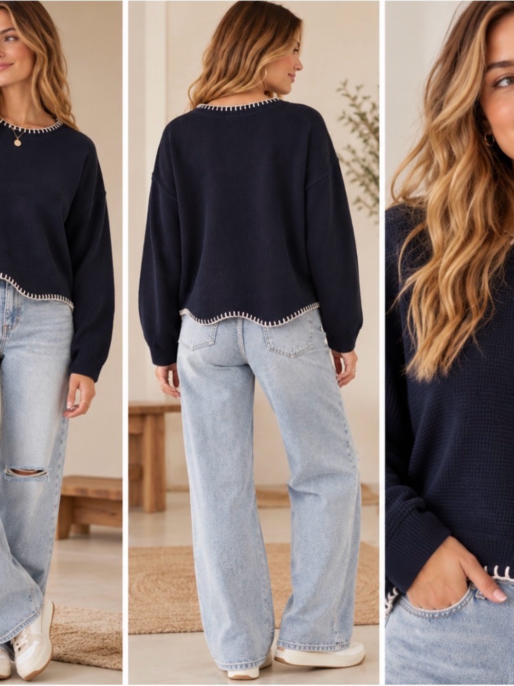 Altar'd State Navy Crewneck Sweater with Contrast Whipstitch